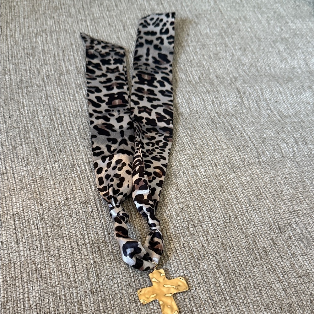 Leopard Print Necklace with Gold Cross Pendant